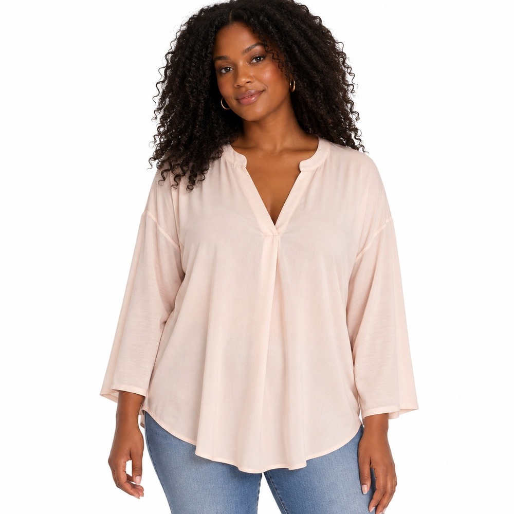 LOFT Outlet Mixed Media Solid Blouse Blush Pink Office Split Neck Top Size XL